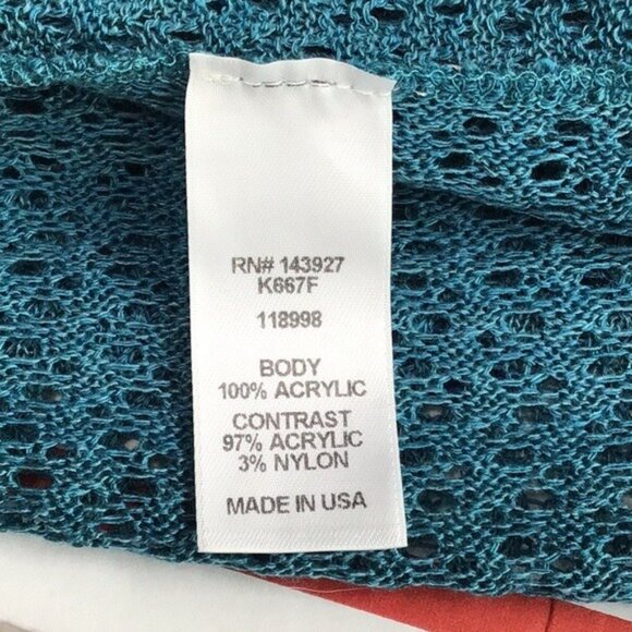 Teal Open Knit Sleeveless SmLong Cardigan With Fringe Hem & Geometric Back Panel - Picture 11 of 12